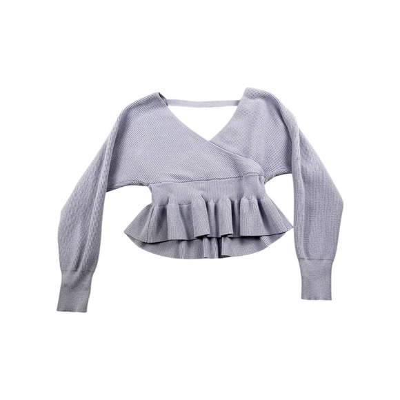 Zesica Sweaters - ZESICA Womens Light Blue Ribbed Knit Peplum Wrap VNeck LS Size Small Sweater Top